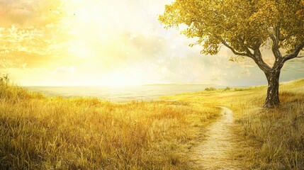 Fototapeta premium Golden sunset path, autumn tree, peaceful landscape, nature serenity