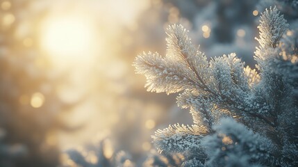 Frosty Pine Branch Glowing In Winter Sunlight
