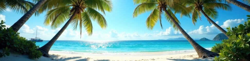 Fototapeta premium Leaning palm trees frame a tranquil ocean beach , relaxation, view