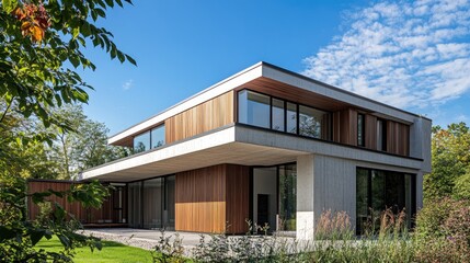 An elegant modern home with a minimalist exterior, featuring a blend of wood and concrete, set against a bright blue sky.