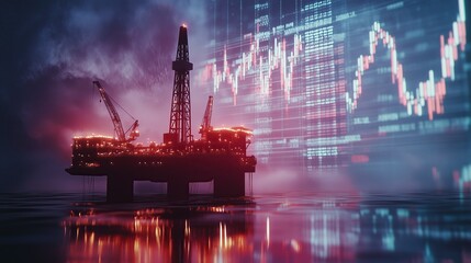 Obraz premium Oil rig with digital stock market backdrop.