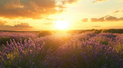 Naklejka premium Lavender Field at Golden Sunset Provence Landscape with Blooming Purple Flowers and Warm Light