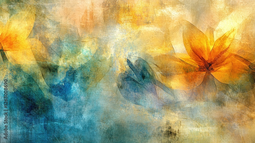 Poster complex, layered digital textures blending to create a multi-dimensional visual with vibrant colors.