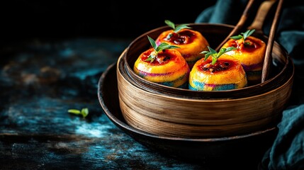 Indonesian kue lapis with colorful layers of rice flour and pandan flavor, presented in a bamboo steamer