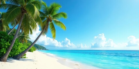 Obraz premium Majestic palms stand tall against a vibrant blue ocean, soft sand at their base , relaxing, paradise, tropical beach
