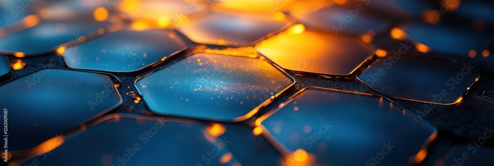 Poster a close-up view of hexagonal tiles illuminated by soft blue and orange lighting, showcasing a blend 