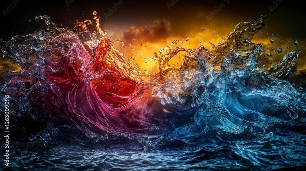 Poster dynamic swirls of emotion over amorphous water coastal sunset abstract art serene environment artist
