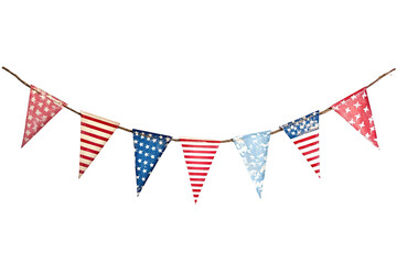 Obraz premium A banner with American flags hanging from a rope. ,on transparent background.