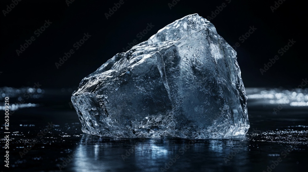 Poster clear ice block on black background with soft shadows and texture