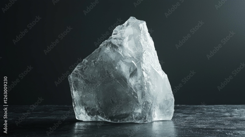 Poster clear ice block on dark background with natural light reflection