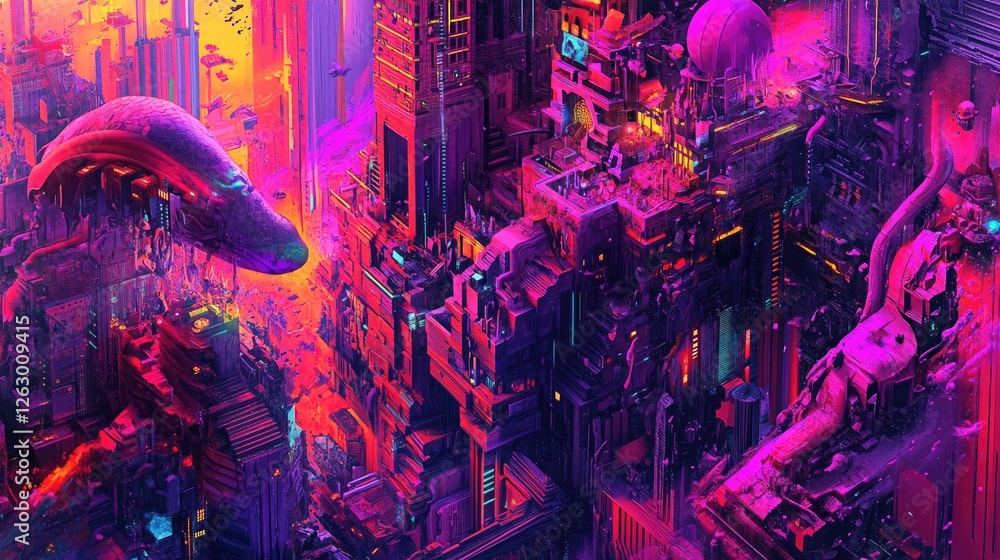 Poster layered, colorful 3d elements stacked on a flat plane, creating a striking sense of depth and dimens