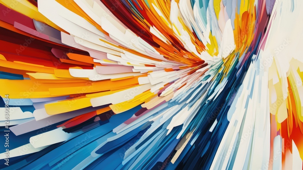 Poster layered, colorful 3d elements stacked on a flat plane, creating a striking sense of depth and dimens
