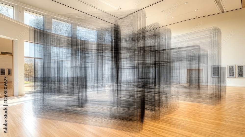 Poster layers of transparent geometric shapes suspended in space, giving the sense of dynamic movement and 