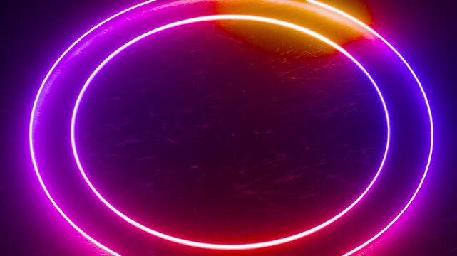 glowing neon circle shapes with space for titles, text or logos on reflective black surfaces in seamless loops.