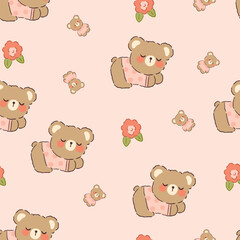 Cute baby bear sleeping with bear toy and flowers on a pastel pink background, kids seamless pattern wallpaper design.