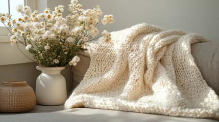 Cozy knit blanket draped on a modern sofa with a rustic vase of flowers placed nearby in soft natural light