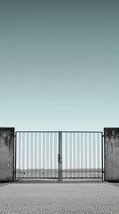 Naklejka premium Minimalist Black Gate Against Calm Blue Sky Over Open Landscape