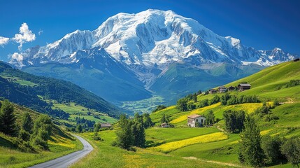 Obraz premium Majestic Mountain Scenery Overlooking Verdant Valley Farms