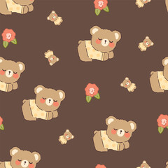 Cute sleeping teddy bear hand drawn with rose on a deep brown dark background, kids seamless pattern.