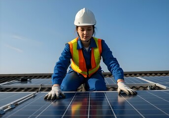 A woman engineer wearing a hard hat and safety vest stands in the roof installing solar panels.