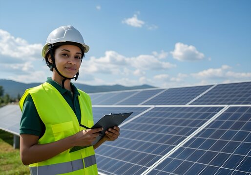 A woman engineer wearing a hard hat and safety vest stands by expansive rows of solar panels, holding a clipboard.
