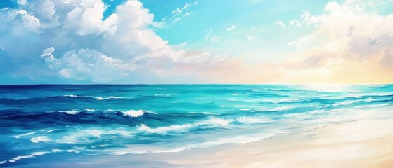 Obraz premium Serene Beach Painting Azure Ocean, White Waves, and Pastel Sky Art Illustration