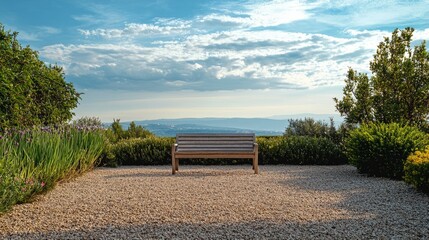 Tranquil Outdoor Bench Surrounded by Lush Greenery and Sky View