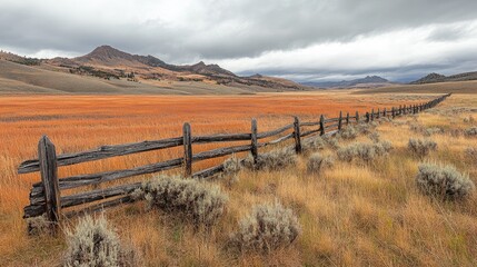 Obraz premium Rustic Wooden Fence Lines Autumnal Grassland Mountains