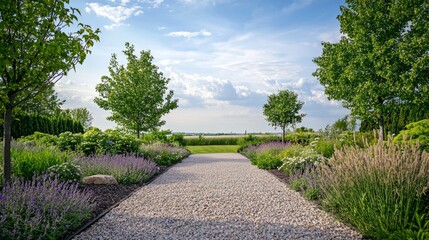 Fototapeta premium Serene Pathway Through Lush Green Garden Under Clear Blue Sky