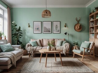 Fototapeta premium Serene Living Room Decor Featuring Neutral Tones And Greenery