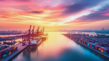 Container truck in ship port for business Logistics and transportation of Container Cargo ship and Cargo plane with working crane bridge in shipyard at sunrise, logistic import export and transport