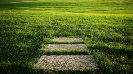 Tranquil Pathway of Stone Slabs in Lush Green Grass Field