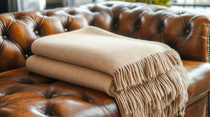 Fototapeta premium Cashmere throw blanket elegantly folded on a leather couch in a warm and inviting living room setting during the afternoon
