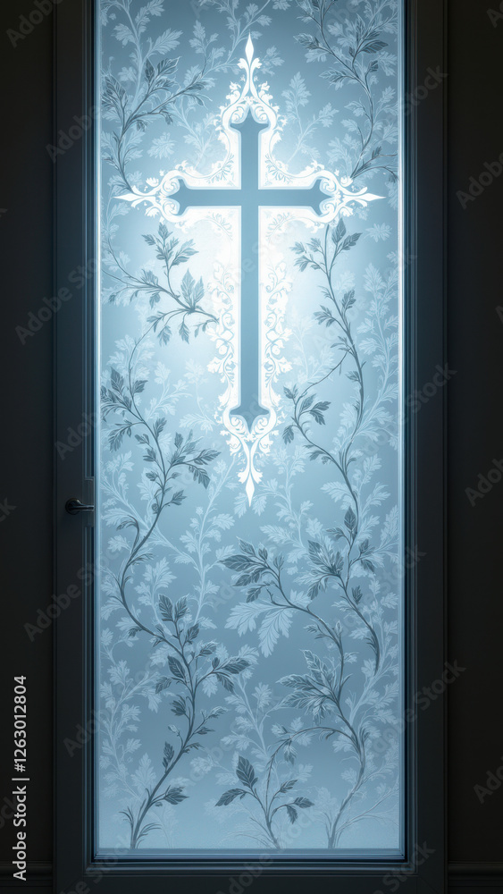 Aufkleber stained glass window with a cross at its center, set within an intricate design featuring floral pat