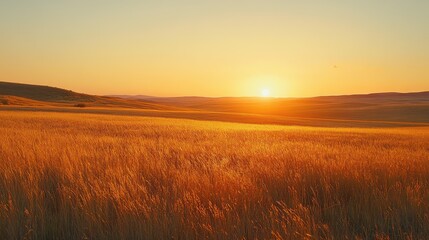 Fototapeta premium Golden wheat field at sunset with gentle winds, tall stalks, and distant horizon, evoking warmth and natural abundance.