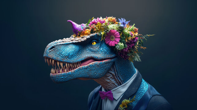 A blue dinosaur with a flower crown on its head