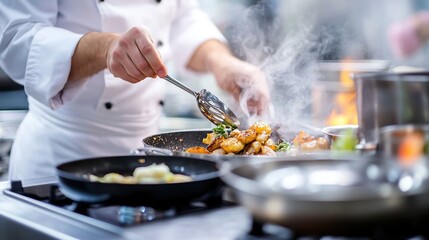 A professional chef cooking a multi-course meal for a fine dining event, focusing on every stage of preparation.