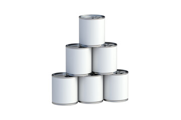 Stack of tins with canned food isolated on white background. Cat, dog nutrition. Preserved vegetables. Reserve of provisions. Touristic meal. 3d render