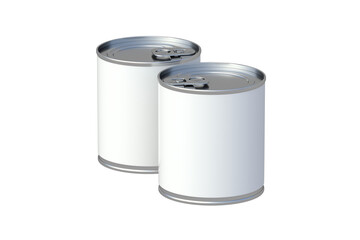 Metal tins with canned food isolated on white background. Cat, dog nutrition. Preserved vegetables. Reserve of provisions. Touristic meal. 3d render