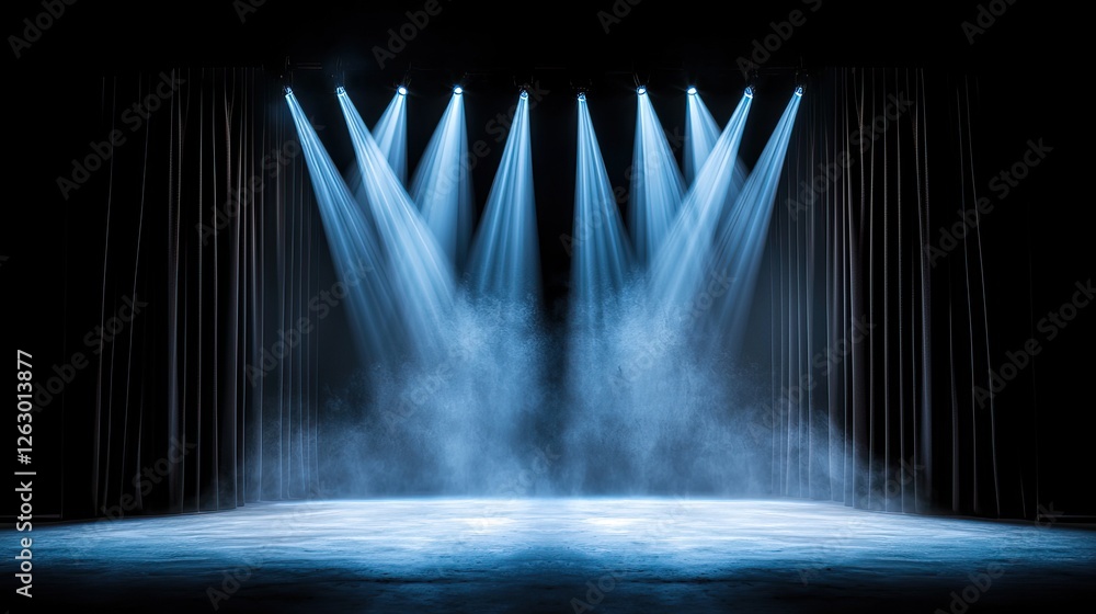 Poster a dramatic stage with illuminated spotlights shining down on a misty floor, creating an atmospheric 