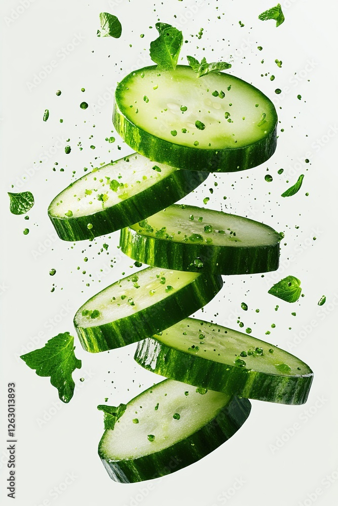 Poster fresh cucumber slices float in the air, surrounded by green herbs and droplets, creating a vibrant a