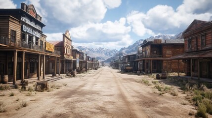 Obraz premium Vintage Wild West Town With Wooden Buildings Against Mountain Backdrop. Evokes Classic Western Atmosphere.