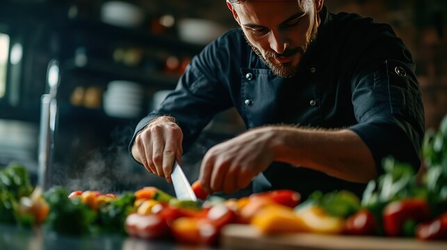 A professional chef expertly slicing vegetables with precision in a high-end kitchen.