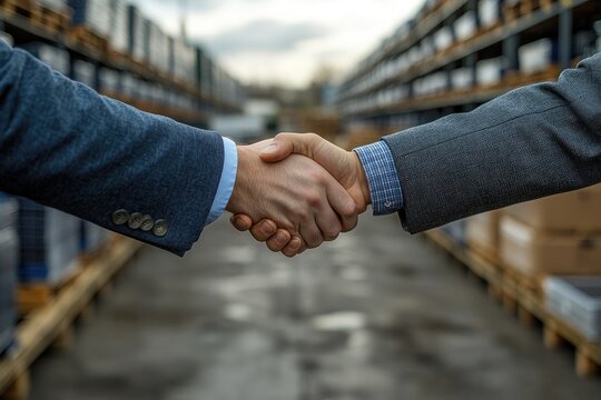 Close up of two business people shaking hands in a warehouse setting.  Gray business suits and a blurred warehouse background