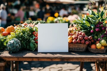 Blank Sign at Vibrant Farmers Market with Fresh Fruits and Vegetables on Rustic Wooden Table.