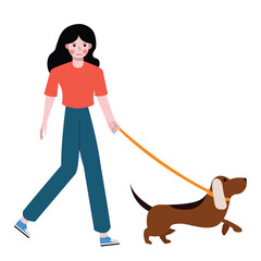 Woman running with dog. Flat design vector illustration isolated on white background