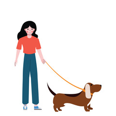 Woman with her pet dog. Run, walk and play with the dog. Flat design vector illustration isolated on white background