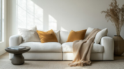 Fototapeta premium Cozy white sofa adorned with a soft pastel blanket in a bright, airy living room setting