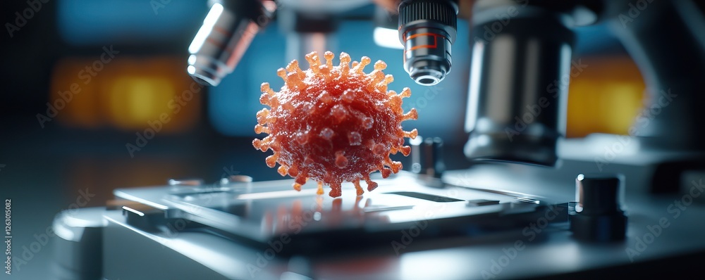 Poster a detailed view of a virus observed under a microscope, showcasing its structure and intricate featu