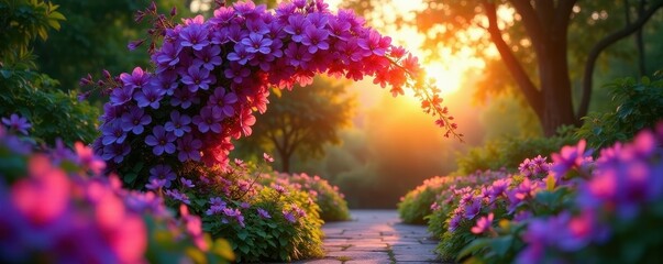 Sunrise illuminates vibrant purple flower arch, garden serenity, fresh, color